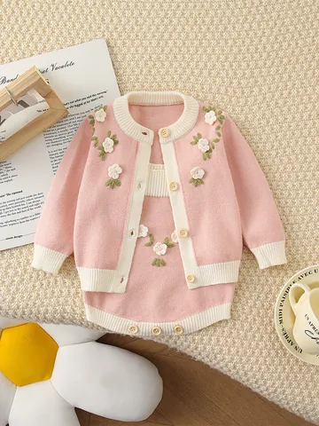 Baby Meisje Gebreid Vest En Romper Met Geborduurde Bloemen Katoenmix Pasgeboren Peuter Lente Herfst Outfit