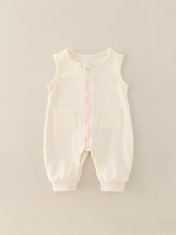 Baby Ärmellos Strampler Jumpsuit Reine Baumwolle Reißverschluss Druckknopf Schritt Lässig Kleinkind Krabbelanzug Beige Grün