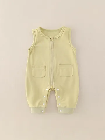 Baby Ärmellos Strampler Jumpsuit Reine Baumwolle Reißverschluss Druckknopf Schritt Lässig Kleinkind Krabbelanzug Beige Grün