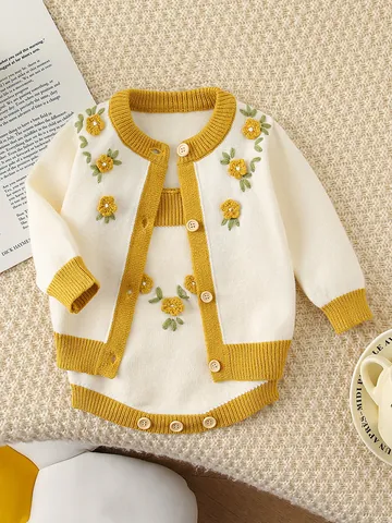 Baby Meisje Gebreid Vest En Romper Met Geborduurde Bloemen Katoenmix Pasgeboren Peuter Lente Herfst Outfit