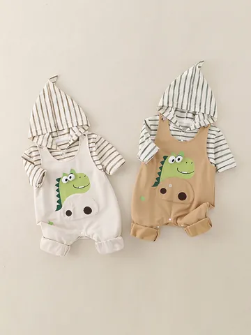 Lindo Top Rayado con Capucha para Bebé y Pelele de Tirantes con Dinosaurio para Infante Ropa de Algodón Primavera Otoño