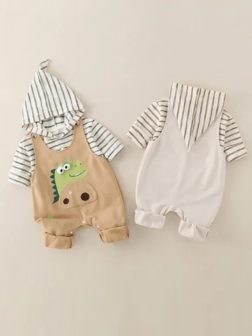 Lindo Top Rayado con Capucha para Bebé y Pelele de Tirantes con Dinosaurio para Infante Ropa de Algodón Primavera Otoño