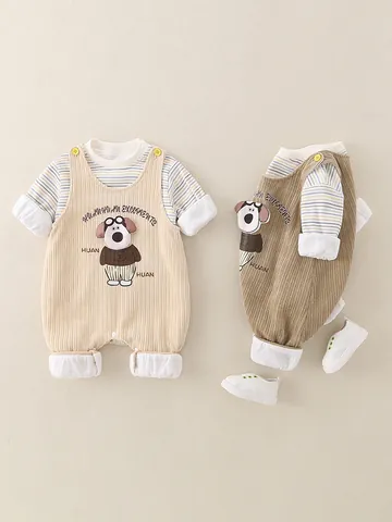 Säugling Baby Zweiteiler Langarm Gestreiftes T-Shirt Und Cord Latzhose Mit Cartoon Hund Für Frühling Herbst Lässig Jungen Mädchen Outfit