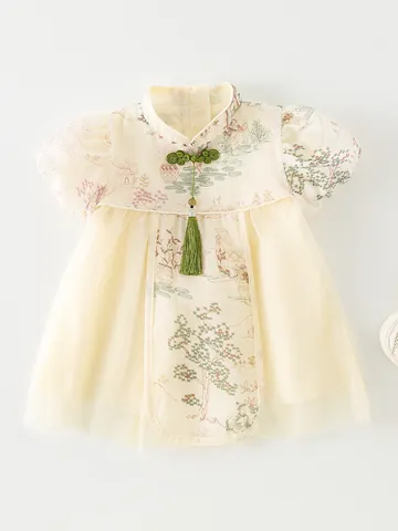 Robe Style Chinois pour Fillettes Col Montant Boutons Gland Manches Bouffantes Maille Imprimé Paysage Robe de Fête