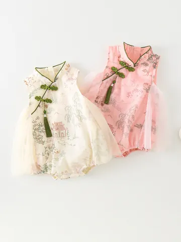 Chinese Style Baby Girl Romper Cheongsam Bodysuit Mesh Patchwork Landscape Print Frog Button Tassel Newborn Jumpsuit