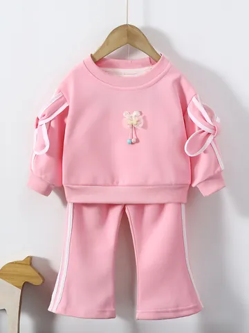 Mädchen Casual Sweatshirt Und Schlaghose Set Polyestermischung Gestreift Schleife Kleinkind Pullover Sport Outfit Frühling