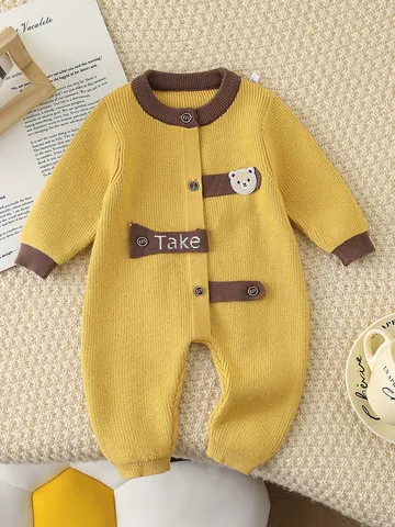 Newborn Baby Knitted Romper Long Sleeve Modal Cotton Jumpsuit With Cartoon Bear Patch For Spring Autumn Casual Outing