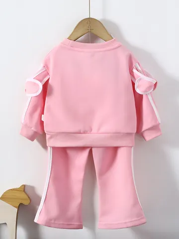 Mädchen Casual Sweatshirt Und Schlaghose Set Polyestermischung Gestreift Schleife Kleinkind Pullover Sport Outfit Frühling
