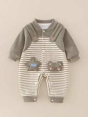 Neugeborenes Baby Gestreifter Bären-Patch Strampler Langarm Baumwolle Waffelstrick Bodysuit Jumpsuit Für Kleinkinder Jungen Mädchen Lässige Herbst Frühlings Kleidung