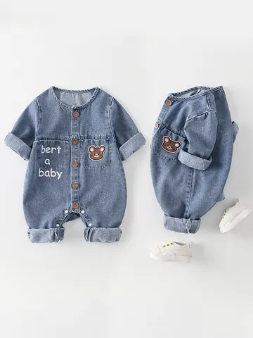 Pelele de Mezclilla para Bebés Niños Niñas Manga Larga Bordado de Oso de Dibujos Animados Botón Mono Vaquero Bebé Suave Ropa de Primavera Otoño