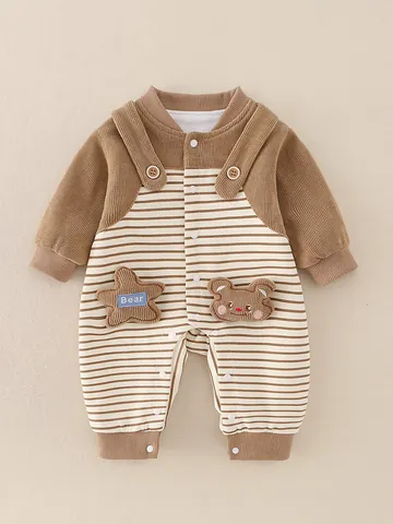 Neugeborenes Baby Gestreifter Bären-Patch Strampler Langarm Baumwolle Waffelstrick Bodysuit Jumpsuit Für Kleinkinder Jungen Mädchen Lässige Herbst Frühlings Kleidung