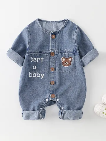 Pelele de Mezclilla para Bebés Niños Niñas Manga Larga Bordado de Oso de Dibujos Animados Botón Mono Vaquero Bebé Suave Ropa de Primavera Otoño