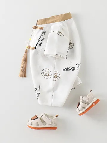Baby Boy Chinese Style Romper 100% Cotton Short Sleeve Bodysuit Stand Collar Calligraphy Print Traditional Plate Buttons