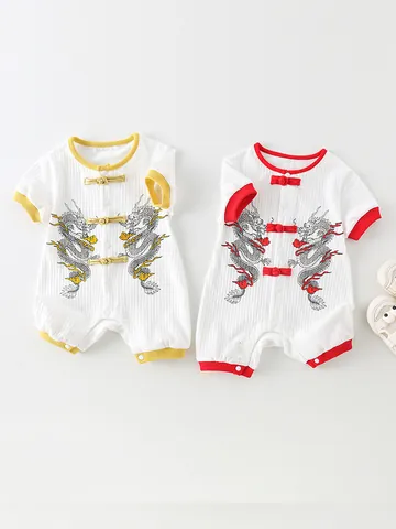 Säugling Jungen Neuer Chinesischer Stil Drache Drucken Strampler Traditionelle Posamentenverschlüsse Kurzarm Baumwolle Sommer Jumpsuit