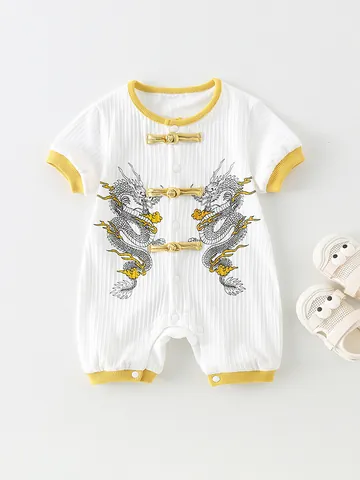Säugling Jungen Neuer Chinesischer Stil Drache Drucken Strampler Traditionelle Posamentenverschlüsse Kurzarm Baumwolle Sommer Jumpsuit