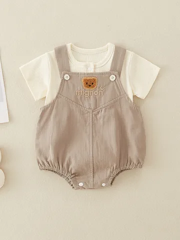 Cotton Baby Bodysuit Set Ribbed Short Sleeve Shirt And Bear Overalls For Newborn Infants Cartoon Summer Clothes Boys Girls