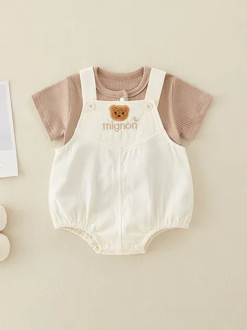 Cotton Baby Bodysuit Set Ribbed Short Sleeve Shirt And Bear Overalls For Newborn Infants Cartoon Summer Clothes Boys Girls