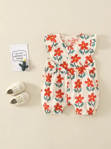 Baby Mädchen Sommer Strampler Süßer Blumendruck Reine Baumwolle Ärmellose Fly Sleeve Jumpsuit Mit Schleifendekoration Für Kleinkinder Ausflug