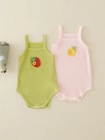 Baby Mädchen Sommer Baumwolle Rippen Strampler Ärmellos Body Mit Süßem Obst Ananas Erdbeere Stickerei Aufnäher Säugling Kleidung
