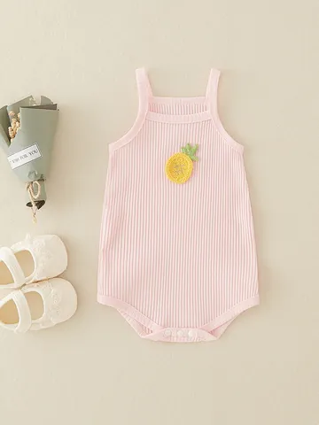 Baby Mädchen Sommer Baumwolle Rippen Strampler Ärmellos Body Mit Süßem Obst Ananas Erdbeere Stickerei Aufnäher Säugling Kleidung