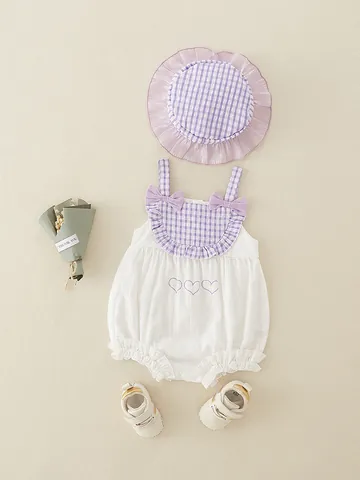 Newborn Baby Girl Summer Cotton Sleeveless Romper And Hat Purple White Plaid Ruffle Bodysuit Bow Heart Embroidery Infant Outfit
