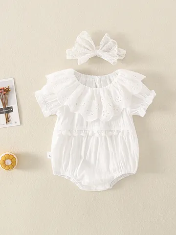Mameluco de Algodón y Encaje Dulce para Bebé Niña Con Diadema a Juego Mangas con Volantes Calados Decoración Pompones Body de Verano