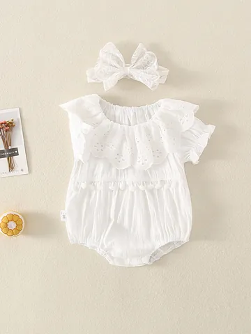 Mameluco de Algodón y Encaje Dulce para Bebé Niña Con Diadema a Juego Mangas con Volantes Calados Decoración Pompones Body de Verano