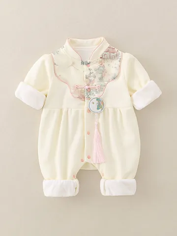Pagliaccetto da Neonato Stile Cinese in Cotone a Manica Lunga Con Ricamo Nappa e Bottone per Primavera Autunno