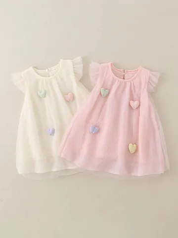 Toddler Girls Sleeveless Mesh Princess Dress With 3D Heart Decoration Sweet Flying Sleeve Tulle Dress Summer Clothes