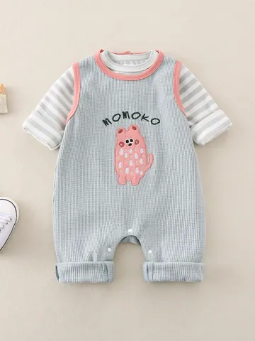 Baby Waffle Knit Long Sleeve Romper Striped Cartoon Bear Bodysuit For Infants Toddlers Spring Autumn Clothes