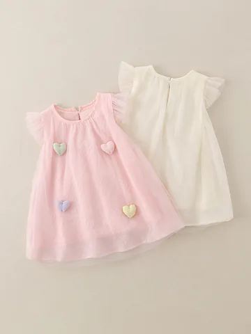 Toddler Girls Sleeveless Mesh Princess Dress With 3D Heart Decoration Sweet Flying Sleeve Tulle Dress Summer Clothes
