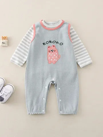 Baby Waffle Knit Long Sleeve Romper Striped Cartoon Bear Bodysuit For Infants Toddlers Spring Autumn Clothes