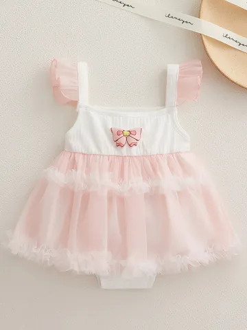 Barboteuse d'Été en Coton pour Bébé Fille Robe Tutu Rose Maille Patchwork Nœud Manches Volantées Body Tenue d'Anniversaire Princesse