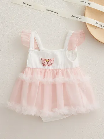 Barboteuse d'Été en Coton pour Bébé Fille Robe Tutu Rose Maille Patchwork Nœud Manches Volantées Body Tenue d'Anniversaire Princesse