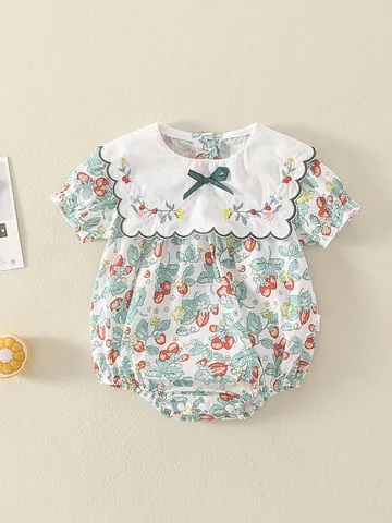 Baby Mädchen Sommer Baumwolle Strampler Erdbeerdruck Bestickter Peter-Pan-Kragen Kurzarm Pullover Jumpsuit Kleinkind Kleidung