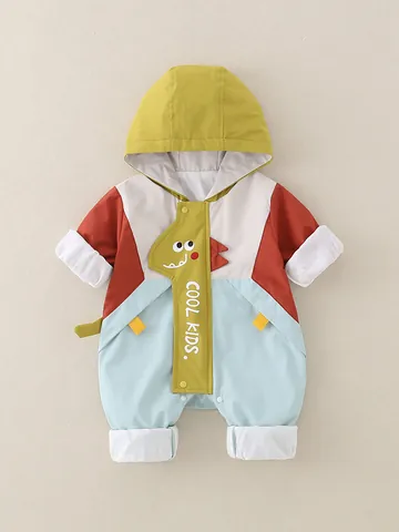 Infant Baby Hooded Romper Jumpsuit Color Block Windproof Polyester Cartoon Dinosaur Long Sleeve Outfits For Spring Autumn