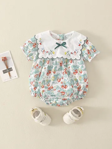 Baby Mädchen Sommer Baumwolle Strampler Erdbeerdruck Bestickter Peter-Pan-Kragen Kurzarm Pullover Jumpsuit Kleinkind Kleidung