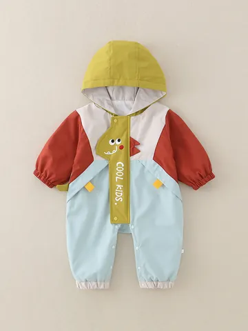 Infant Baby Hooded Romper Jumpsuit Color Block Windproof Polyester Cartoon Dinosaur Long Sleeve Outfits For Spring Autumn