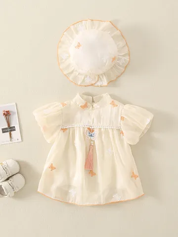 Infant Baby Girl Chinese Style Romper Dress Butterfly Embroidery Mandarin Collar Summer Outing Clothes Romper And Hat