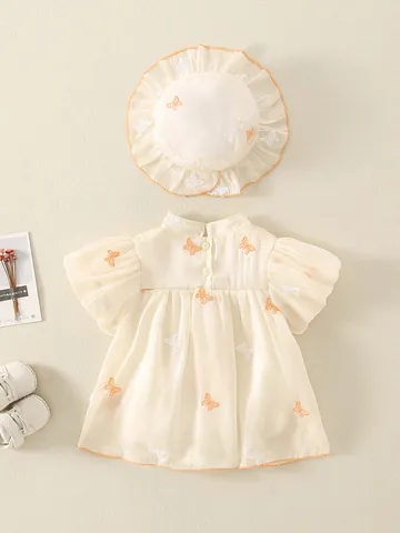 Infant Baby Girl Chinese Style Romper Dress Butterfly Embroidery Mandarin Collar Summer Outing Clothes Romper And Hat