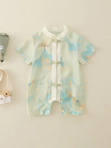 New Chinese Style Baby Boy Romper Landscape Print Viscose Short Sleeve Jumpsuit With Frog Buttons Summer Infant Bodysuit