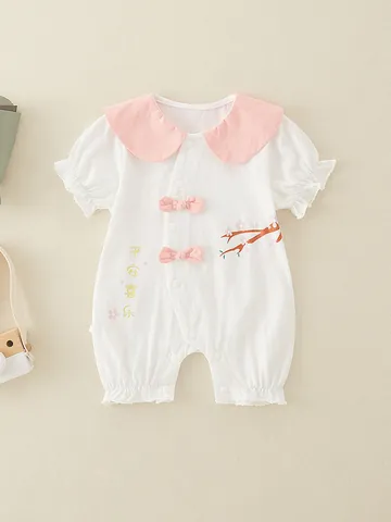 Baby Mädchen Neuer Chinesischer Stil Baumwolle Strampler Kurzarm Rosa Peter Pan Kragen Pflaumenblüte Print Jumpsuit Kleinkind Sommer Outfit