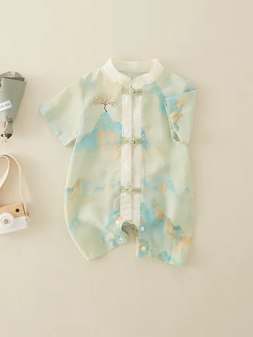 New Chinese Style Baby Boy Romper Landscape Print Viscose Short Sleeve Jumpsuit With Frog Buttons Summer Infant Bodysuit