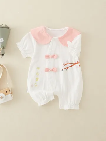 Baby Mädchen Neuer Chinesischer Stil Baumwolle Strampler Kurzarm Rosa Peter Pan Kragen Pflaumenblüte Print Jumpsuit Kleinkind Sommer Outfit