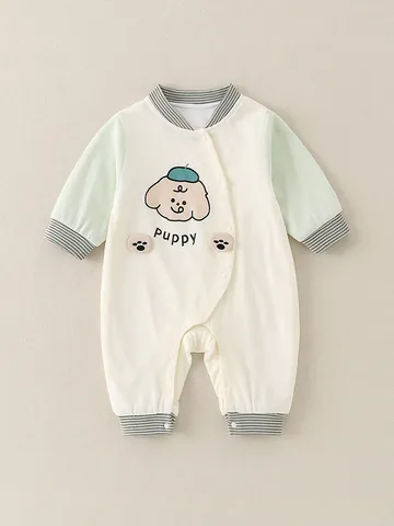 Baby Long Sleeve Romper Cotton Blend Cartoon Puppy Print Color Block Jumpsuit For Newborn Toddler Spring Autumn Grade A