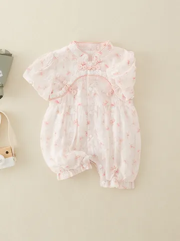Baby Girl Chinese Style Romper Pink Floral Summer Cheongsam Jumpsuit Short Sleeve Infant Bodysuit A-Class Polyester Clothing
