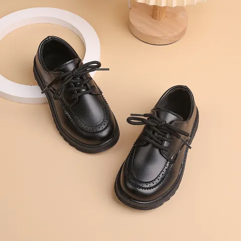 British Style Kids Black Leather Shoes Boys Brogue Perforated Lace Up School Uniform Shoes Formal Performance Dress Shoes