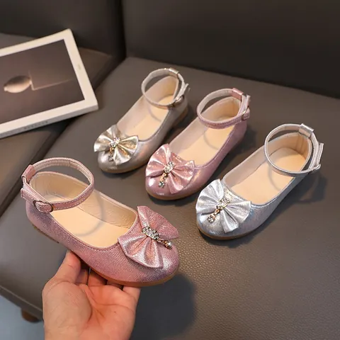 Kids Girls Glitter Mary Jane Princess Shoes With Bowknot Rhinestone Decoration Sweet Wedding Party Dress Flat Shoes Non-Slip Buckle Strap