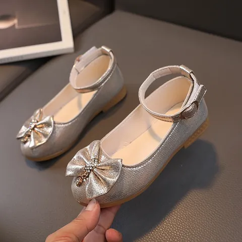 Kids Girls Glitter Mary Jane Princess Shoes With Bowknot Rhinestone Decoration Sweet Wedding Party Dress Flat Shoes Non-Slip Buckle Strap