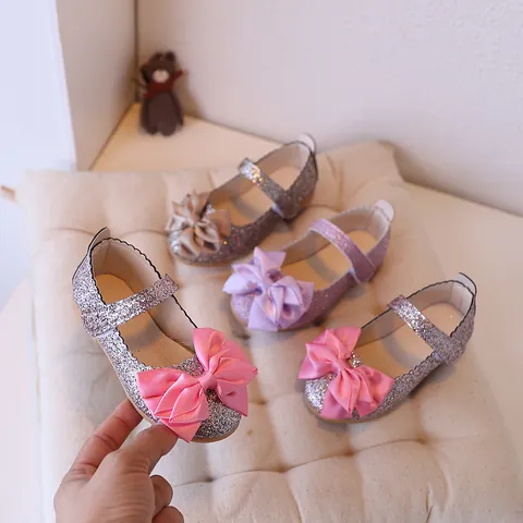 Girls Princess Mary Jane Shoes Glitter Sequin Flat Dress Shoes With Large Satin Bowknot For Wedding Party Performance
